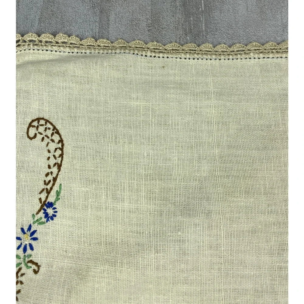 Vintage Beige Linen Embroidered Floral Couch Arm Covers Decor Crochet Set 3